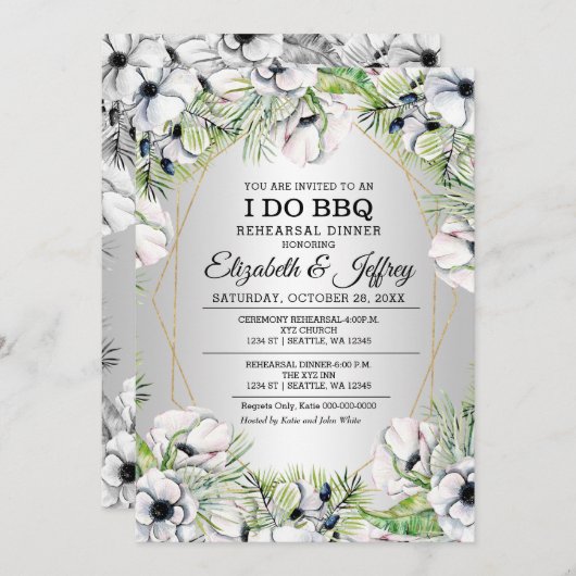 Silver White Anemone I Do BBQ Rehearal Dinner Inv Kaart (Voorkant / Achterkant)