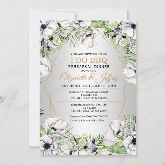 Silver White Anemone I Do BBQ Rehearings Dinner Kaart (Voorkant)