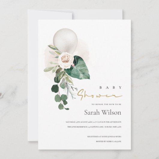 SILVER WHITE BALLOON FLORAL BABY SHOWER INVITE BEDANKKAART (Voorkant)