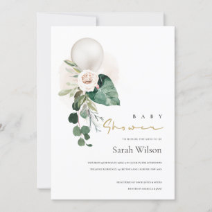 SILVER WHITE BALLOON FLORAL BABY SHOWER INVITE BEDANKKAART