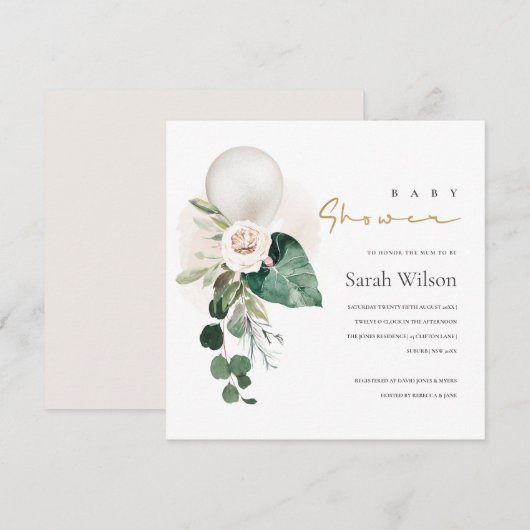 SILVER WHITE BALLOON FLORAL BABY SHOWER INVITE BEDANKKAART (Voorkant / Achterkant)