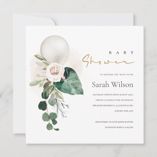 SILVER WHITE BALLOON FLORAL BABY SHOWER INVITE BEDANKKAART (Voorkant)