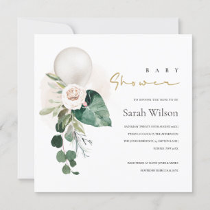 SILVER WHITE BALLOON FLORAL BABY SHOWER INVITE BEDANKKAART