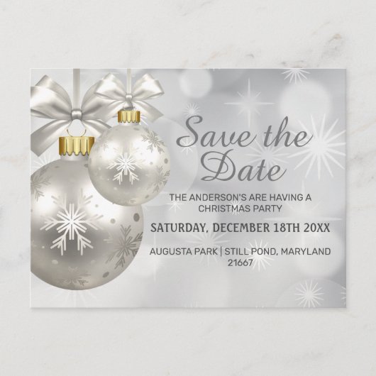 Silver & White Bauble Xmas Party | Datum opslaan Uitnodiging Briefkaart (Voorkant)