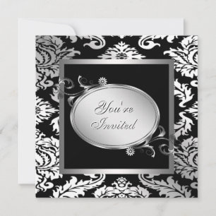 Silver White Black Damask Party Kaart