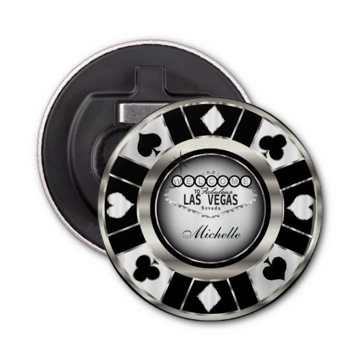 Silver, White, Black Poker Chip - Persoonlijk Button Flesopener (Voorkant)