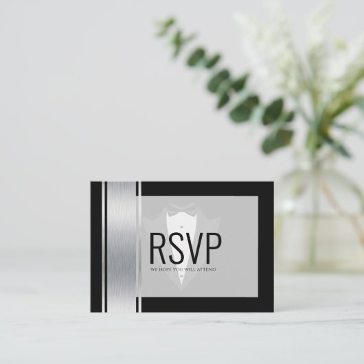 Silver, white & black strees tuxedo bachelor pla plaatskaartje (Staand voorkant)