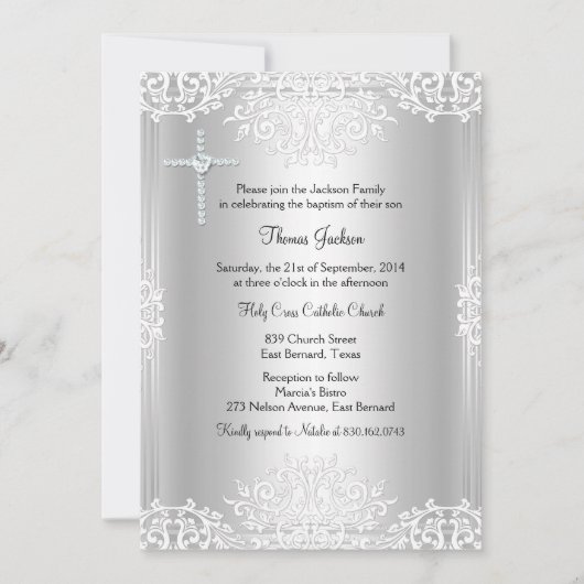 Silver White Damask Baptism/Christening Invite Kaart (Voorkant)