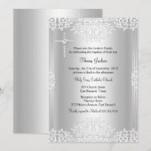 Silver White Damask Baptism/Christening Invite Kaart (Voorkant / Achterkant)