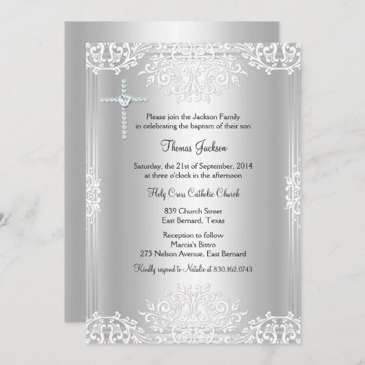 Silver White Damask Baptism/Christening Invite Kaart (Voorkant / Achterkant)
