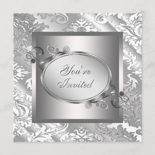 Silver White Damask Party Kaart