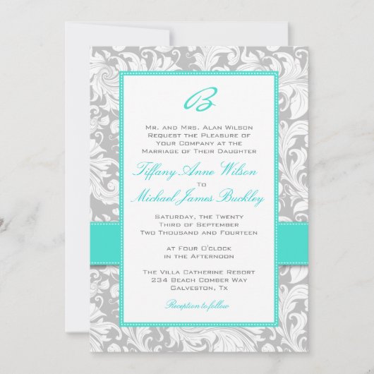 Silver White damask turquoise bruiloft nodigt uit Kaart (Voorkant)