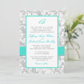 Silver White damask turquoise bruiloft nodigt uit Kaart (Staand voorkant)