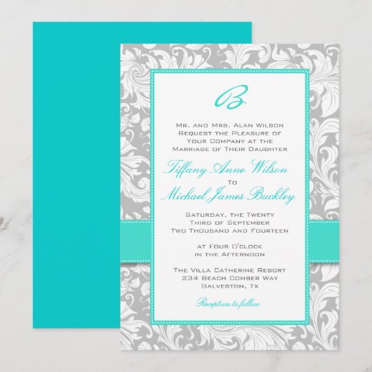Silver White damask turquoise bruiloft nodigt uit Kaart (Voorkant / Achterkant)