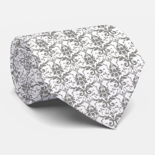 Silver White Damask Wedding Stropdas (Opgerold)