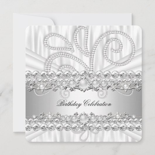 Silver White Diamonds Pearl Elegant Birthday Party Kaart (Voorkant)