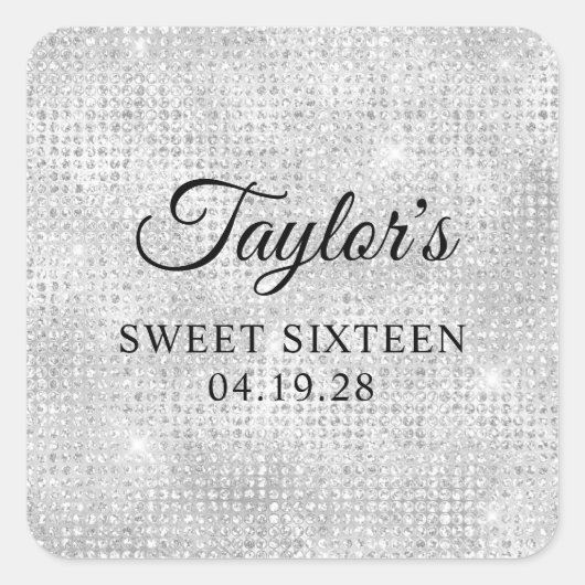Silver White Disco Glitter Sweet Sixteen Vierkante Sticker (Voorkant)