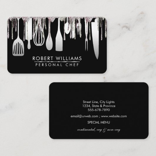 Silver White Drip Chef Kitchen Tools Glitter Faux Visitekaartje (Voorkant / Achterkant)