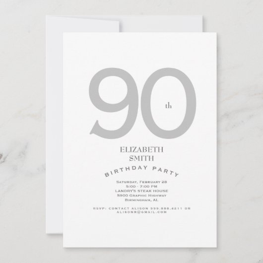 Silver & White Elegant 90th Birthday Party Kaart (Voorkant)