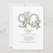 Silver & White Elegant Pink Rose 90th Invitation Kaart (Voorkant)