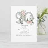 Silver & White Elegant Pink Rose 90th Invitation Kaart (Staand voorkant)