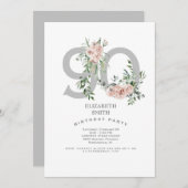 Silver & White Elegant Pink Rose 90th Invitation Kaart (Voorkant / Achterkant)