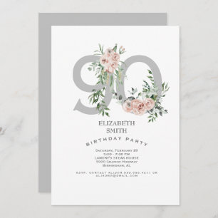 Silver & White Elegant Pink Rose 90th Invitation Kaart