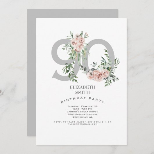Silver & White Elegant Pink Rose 90th Invitation Kaart (Voorkant / Achterkant)
