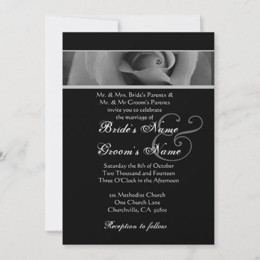 Silver White en Black Roos Wedding Kaart (Voorkant)
