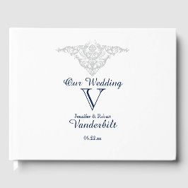 Silver White en Navy Damask Wedding Guest Book Gastenboek