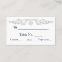 Silver White en Navy Damask Wedding Place Cards