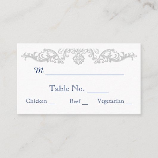 Silver White en Navy Damask Wedding Place Cards Plaatskaartje (Voorkant)