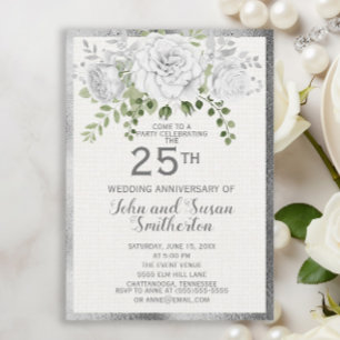 Silver White Floral 25th Wedding Jubileum Kaart