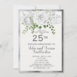 Silver White Floral 25th Wedding Jubileum Kaart<br><div class="desc">Elegant,  ,  wit en zilver met witte floral bouquet op uitnodiging van de 25e trouwdag. De achterkant van de kaart heeft zwarte en zilveren diagonale strepen.</div>