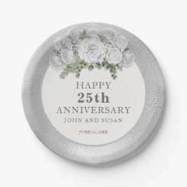 Silver White Floral 25th Wedding Jubileum Papieren Bordje