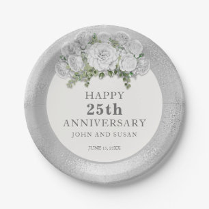 Silver White Floral 25th Wedding Jubileum Papieren Bordje