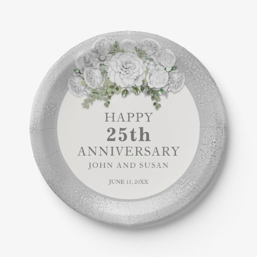 Silver White Floral 25th Wedding Jubileum Papieren Bordje (Voorkant)