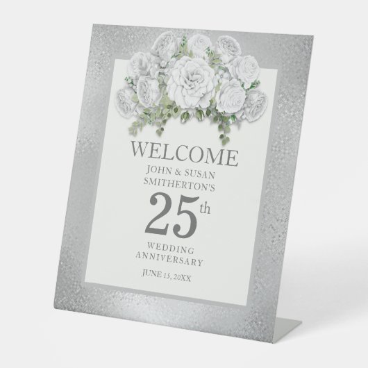 Silver White Floral 25th Wedding Jubileum Reclamebord Met Voetstuk (Voorkant)
