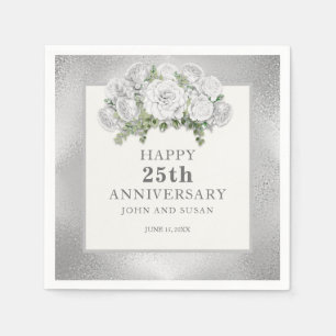 Silver White Floral 25th Wedding Jubileum Servet