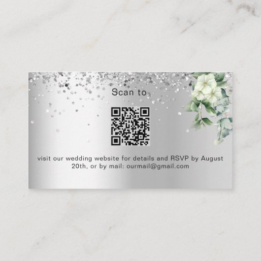 Silver White floral bruiloft website RSVP QR code Informatiekaartje (Achterkant)