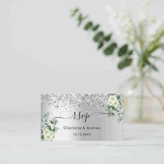 Silver White floral bruiloft website RSVP QR code Informatiekaartje (Staand voorkant)