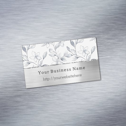 Silver White Floral Business name website Magnetisch Visitekaartje (Voorbeeld)