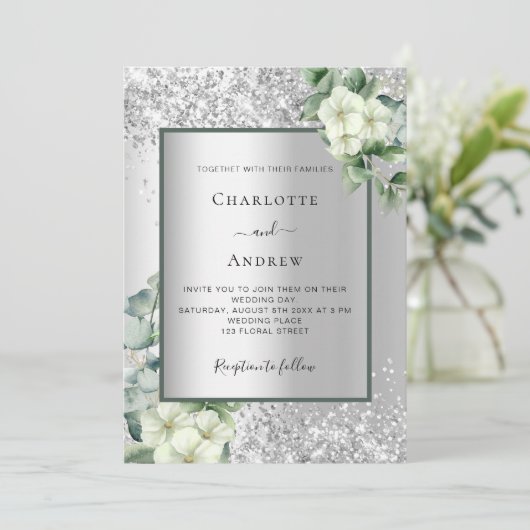 Silver White floral eucalyptus elegant bruiloft Kaart (Staand voorkant)