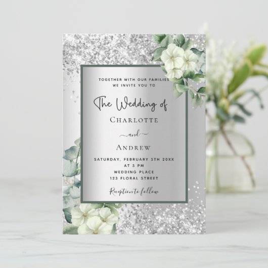 Silver White floral eucalyptus elegant bruiloft Kaart (Staand voorkant)