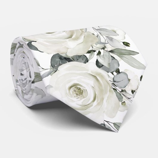 Silver White Floral Greenery Wedding Stropdas (Opgerold)