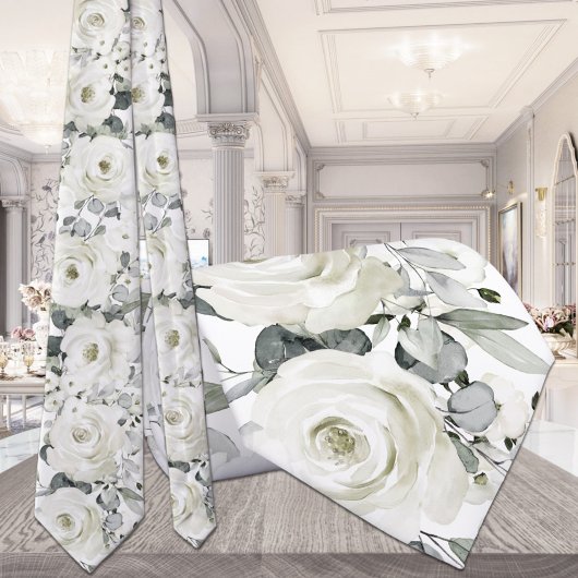 Silver White Floral Greenery Wedding Stropdas