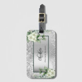 Silver White florals elegant monogram name Bagagelabel (Voorkant (verticaal))
