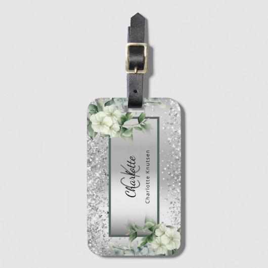 Silver White florals elegant monogram name Bagagelabel (Voorkant (verticaal))