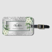 Silver White florals elegant monogram name Bagagelabel (Voorkant (horizontaal))