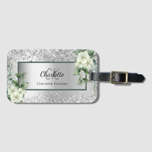 Silver White florals elegant monogram name Bagagelabel (Voorkant (horizontaal))
